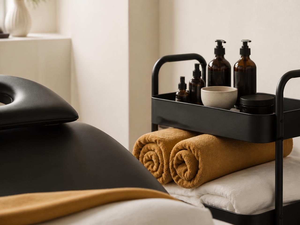 Chariot noir, produits et essuies ocre doré roulés sur linge blanc