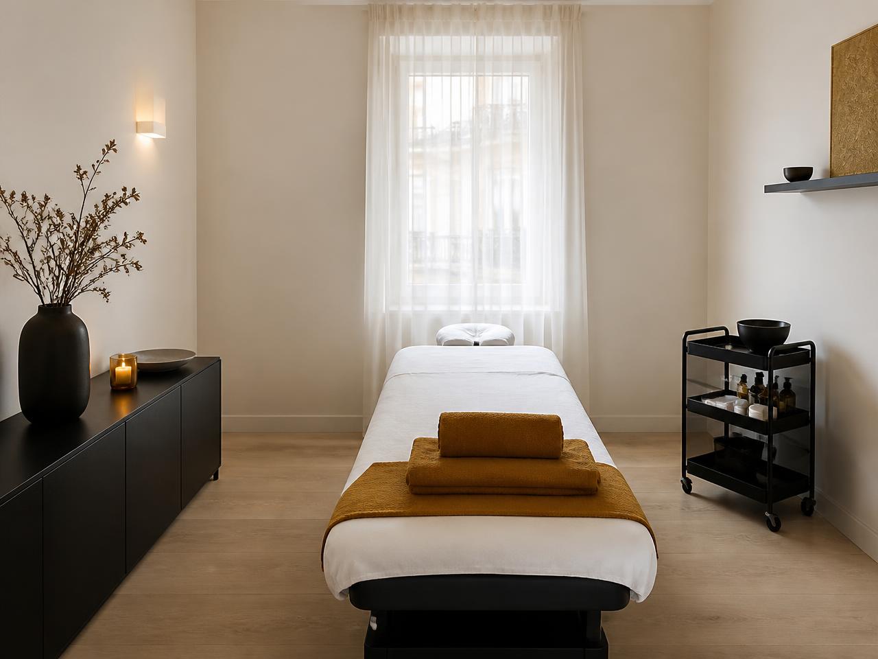 Cabine de soin Leyna Beauty : table noire, linge blanc et essuies ocre doré